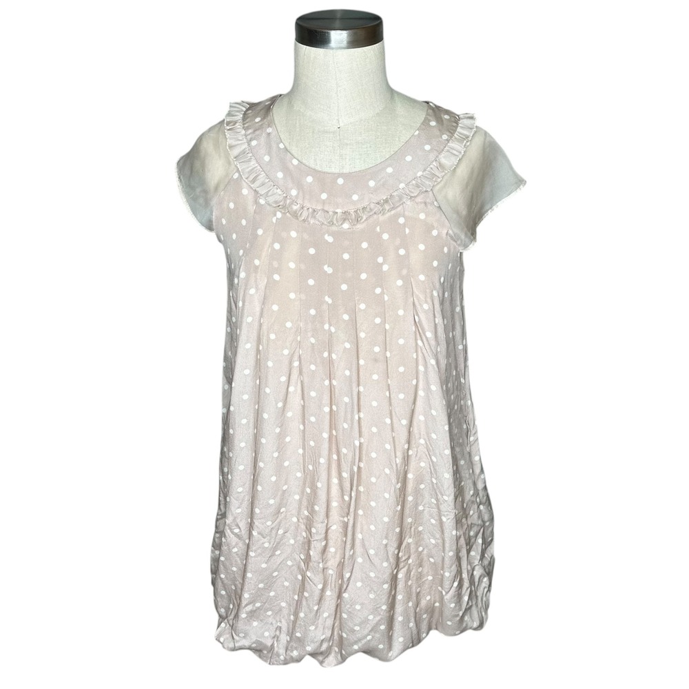 ALICE + OLIVIA Polka Dot Ruffle Collar Sheer Sleeve Top Women's Size Med‎ FLAWED